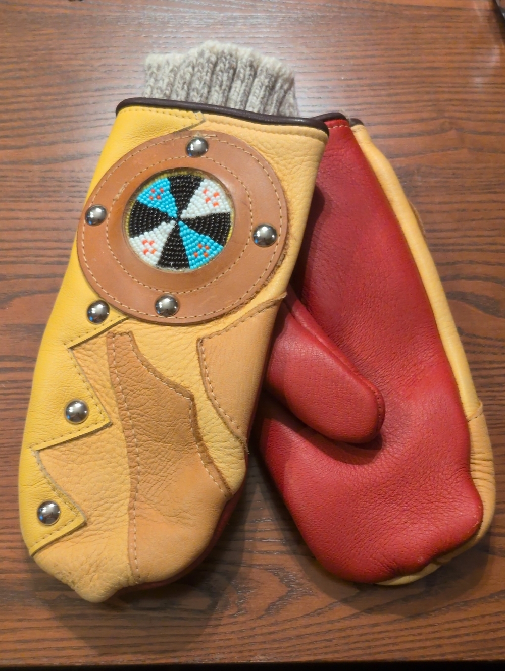 Unique Yellow & Red Leather Beaded Mittens